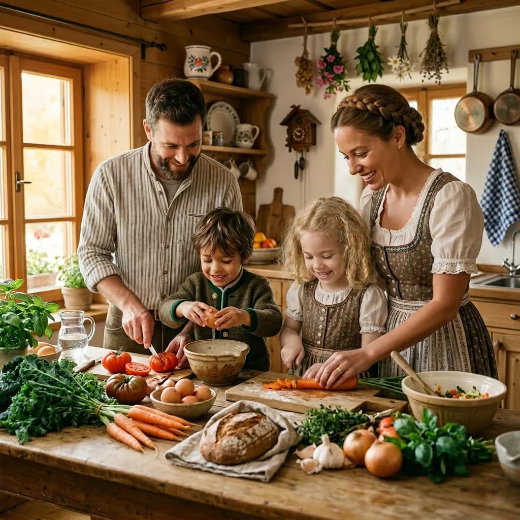 Familie mit zwei Kindern bereitet an einem Holztisch gemeinsam frisches Gemüse und Eier zu.